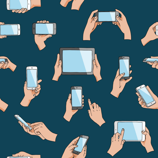 Hände mit Gadgets Vektor Hand hält Telefon oder Tablet und Zeichen arbeiten auf Smartphone Illustration Set von digitalen Gerät Handy mit Touchscreen isoliert auf dem Hintergrund - Vektor, Bild