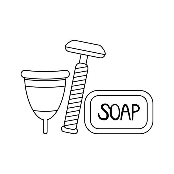 menstruele beker met zeep en Razor Kapper wegwerp - Vector, afbeelding