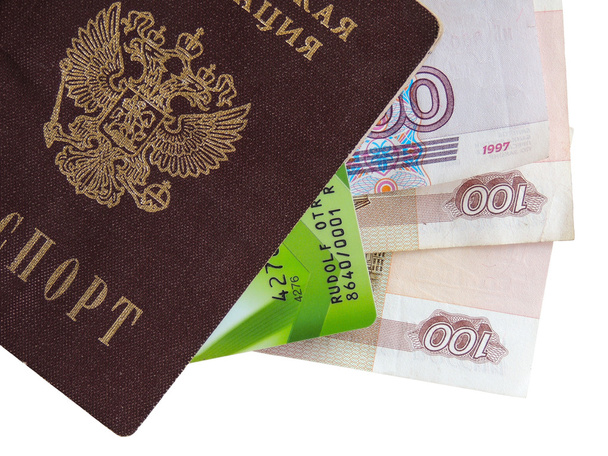 ロシアのパスポート、お金、クレジット カードをコラージュします。 - 写真・画像