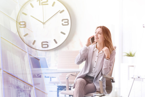 Multiple exposure of young businesswoman in office, clock and building  - Foto, afbeelding