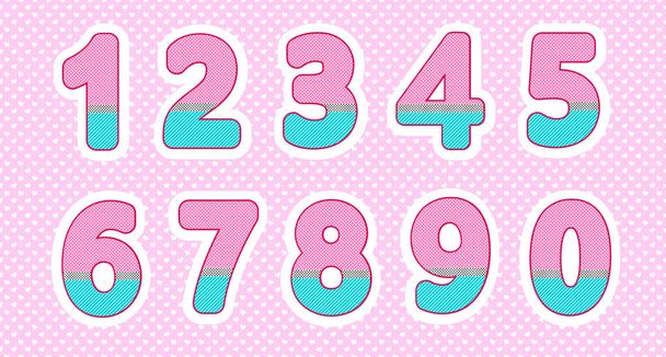 Σύνολο αριθμών σε στυλ κούκλα lol. Παιδικό σχέδιο. Φωτεινό ροζ, μπλε χρώματα. Πουά μοτίβο - Διάνυσμα, εικόνα