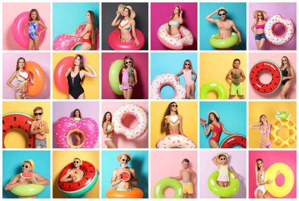 Set of people with bright inflatable rings on color background - Фото, изображение