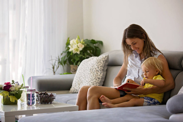 Charming mother, showing images in a book to her cute toddler ba - Photo, image