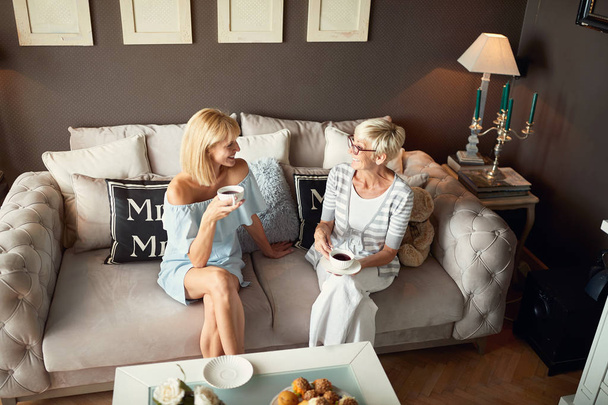 Living room with two women while drink coffee - Fotoğraf, Görsel