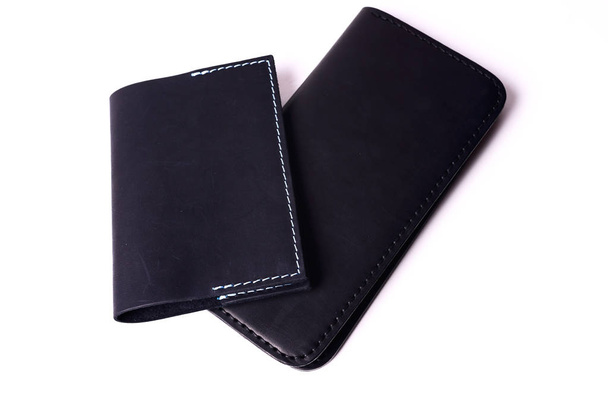 Black handmade leather man wallet and passport cover isolated on - Photo, Image