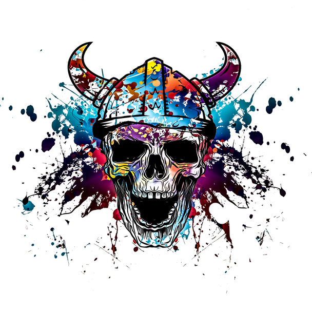Human skull in horned helmet with colorful spots on white background  - Photo, Image