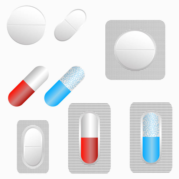 Tabletták, készlet tabletta és kapszula buborékfólia csomagban. - Vektor, kép
