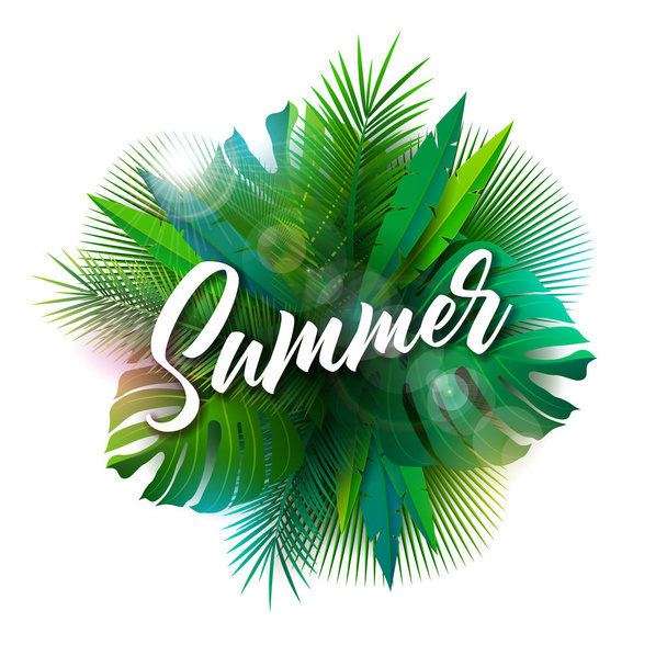 Summer Illustration with Typography Letter and Tropical Plants on White Background. Vector Holiday Design with Exotic Palm Leaves and Phylodendron for Banner, Flyer, Invitation, Brochure, Poster or - Vecteur, image