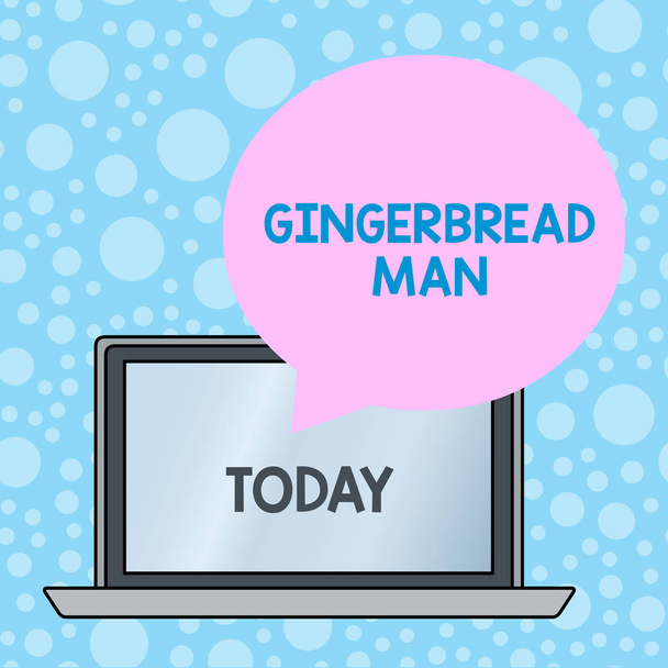 A escrever um bilhete a mostrar o Gingerbread Man. Foto de negócios mostrando biscoito feito de pão de gengibre geralmente na forma de huanalysis Bolha de fala de forma redonda flutuando sobre o pano de fundo do laptop
. - Foto, Imagem