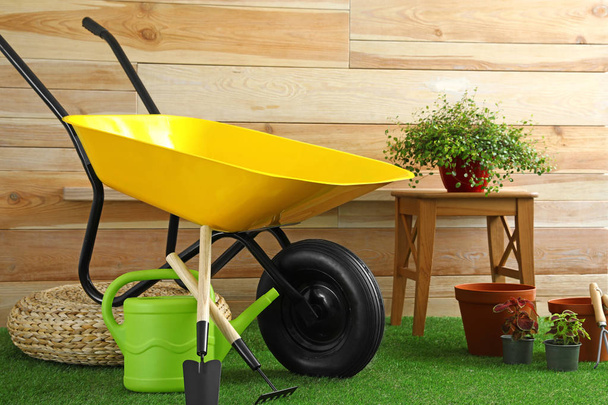 Wheelbarrow with gardening tools and plants near wooden wall - Fotoğraf, Görsel