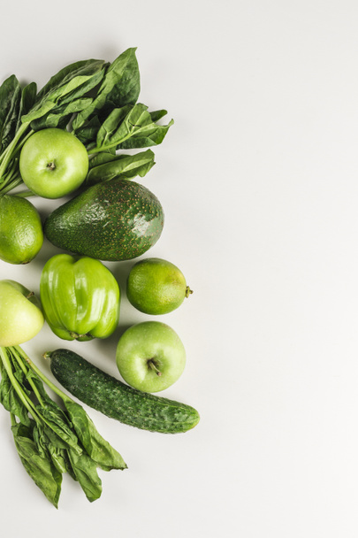 Green vegetables and fruits on white background - Fotoğraf, Görsel
