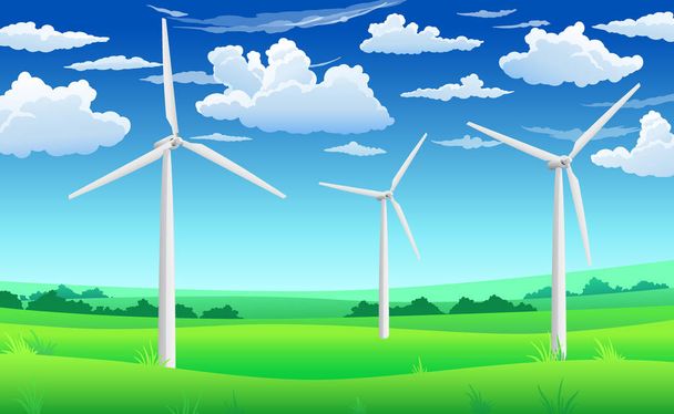 Białe wiatraki, turbina wiatrowa na zielonym polu, ekologiczna koncepcja energetyki wiatrowej - Wektor, obraz
