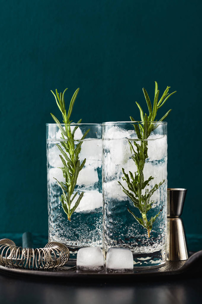 classic gin and tonic cocktail with rosemary sprigs in tall glas - Foto, Imagen