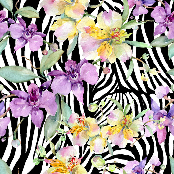 Orchid bouquets botanical flowers. Wild spring leaf wildflower. Watercolor illustration set. Watercolour drawing fashion aquarelle. Seamless background pattern. Fabric wallpaper print texture. - Fotó, kép