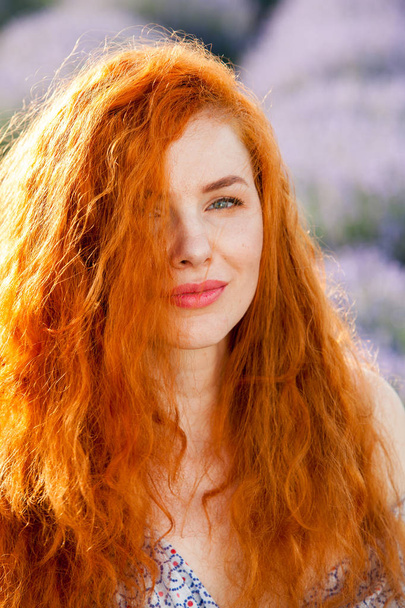 Summer portrait of a beautiful girl with long curly red hair. woman with long hair. European girl in lavander field. - Foto, imagen