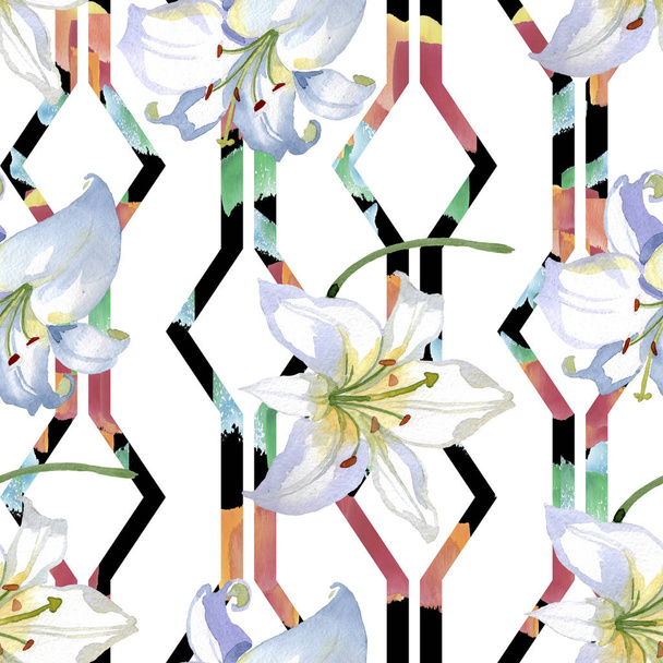 White lily floral botanical flowers. Wild spring leaf wildflower. Watercolor illustration set. Watercolour drawing fashion aquarelle. Seamless background pattern. Fabric wallpaper print texture. - Foto, imagen