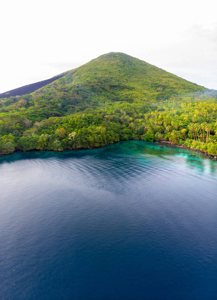 Aerial view Banda Islands Moluccas archipelago Indonesia, Pulau Gunung Api, lava flows, coral reef white sand beach. Top travel tourist destination, best diving snorkeling. - Photo, Image