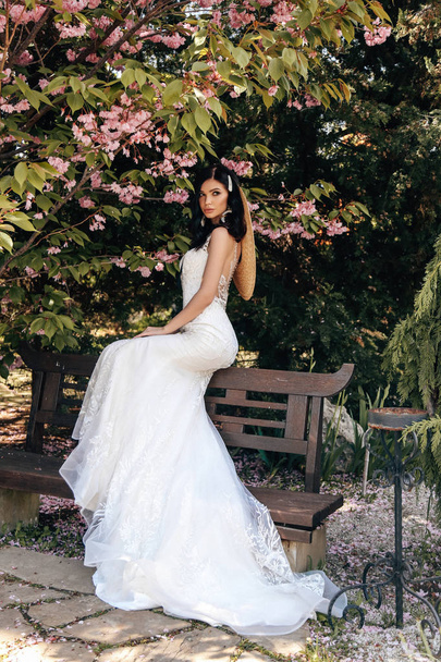 beautiful woman with dark hair in luxurious wedding dresses with - Fotó, kép