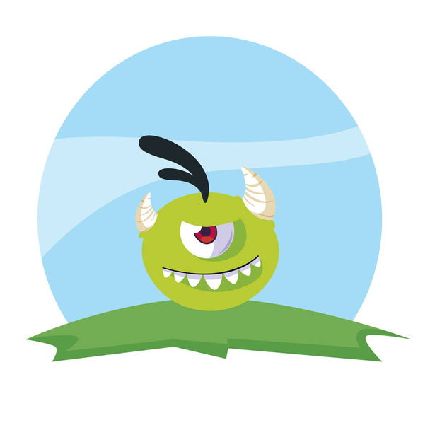 funny monster with horns in the field - Vector, Image