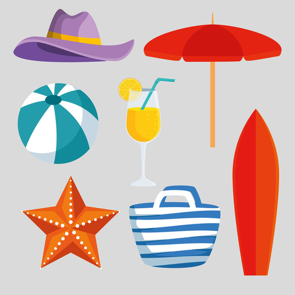 ensemble de chapeau avec parapluie et boule avec étoile de mer et boisson
 - Vecteur, image