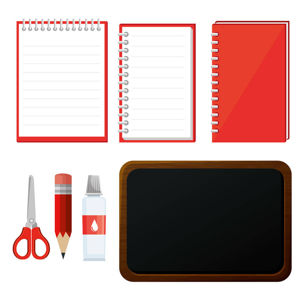 set of notebook with scissors and pencil with blackboard - Vector, Image