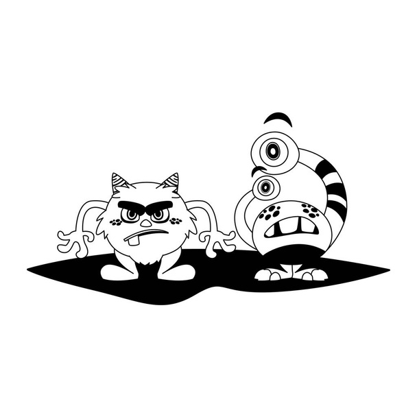 funny monsters couple comic characters monochrome - Vector, Image