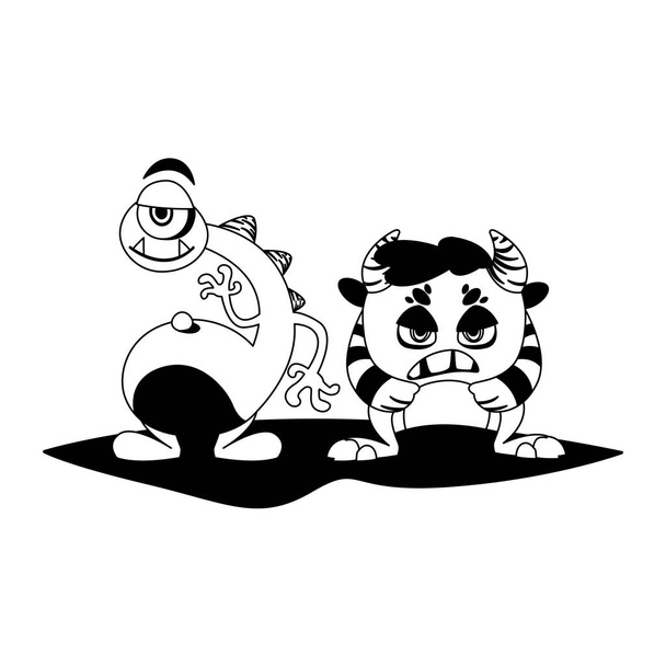 αστεία τέρατα ζευγάρι κόμικς χαρακτήρες μονόχρωμη - Διάνυσμα, εικόνα
