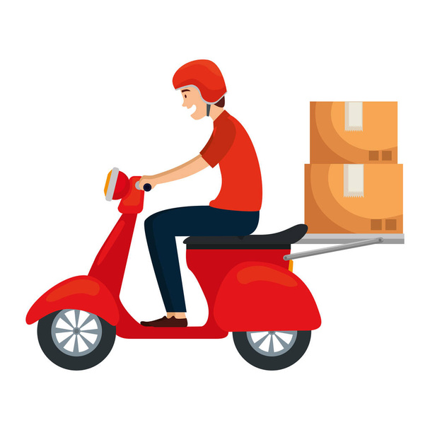 trabajador del servicio de entrega en moto con cajas
 - Vector, Imagen