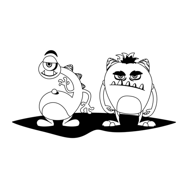 monstres drôles couple personnages de bande dessinée monochrome
 - Vecteur, image