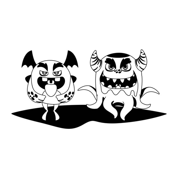 funny monsters couple comic characters monochrome - Vector, Image