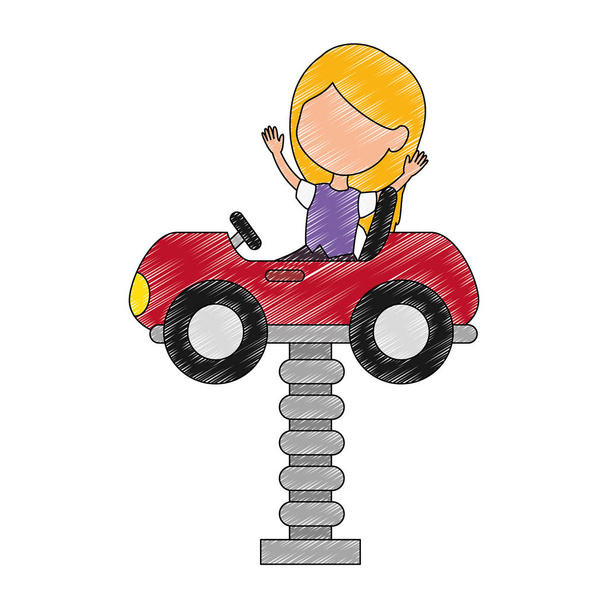 Kleines Mädchen im Einkaufswagen Spielzeug mit Feder - Vektor, Bild