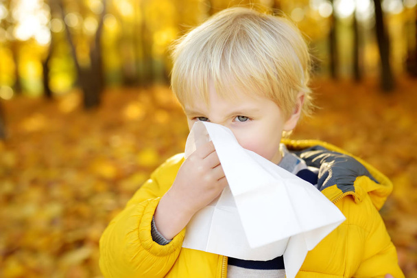 Little boy sneezing and wipes nose with napkin during walking in autumn park. Flu season and cold rhinitis. Allergic kid. - Фото, зображення