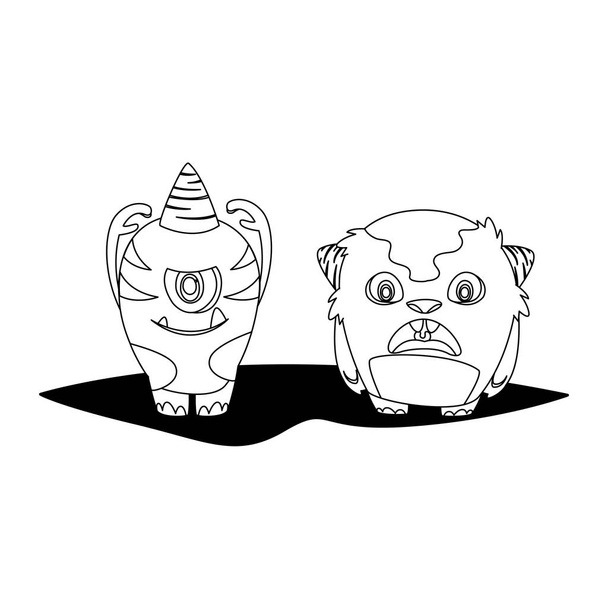 Смешные монстры пара комических персонажей монохромные
 - Вектор,изображение