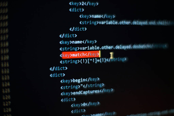Programmeer ontwikkelaars scherm, Web app-codering. Script op de computer. Moderne weergave van de gegevensbron code. Programmeercode abstract scherm van software ontwikkelaar. Blauwe kleur. - Foto, afbeelding