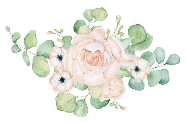 Anemone and rose flowers and eucalyptus leaves watercolor bouquet illustration - Fotó, kép