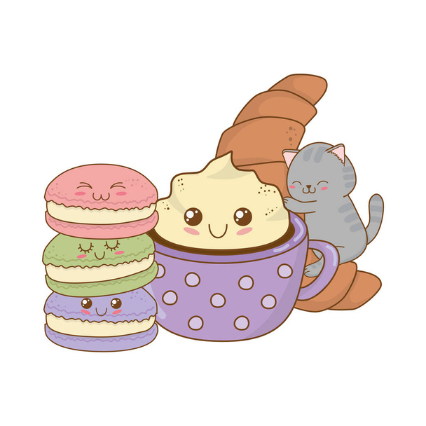 niedliche kleine Katze mit Croissant Kawaii Charakter - Vektor, Bild