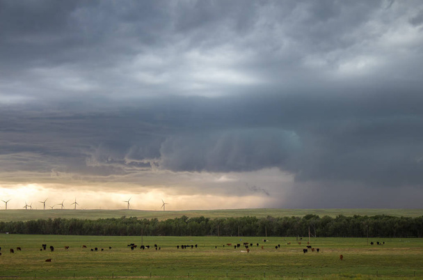 Een SuperCell onweersbui genereert winden die stof op de vlaktes blazen door een ver windpark. - Foto, afbeelding