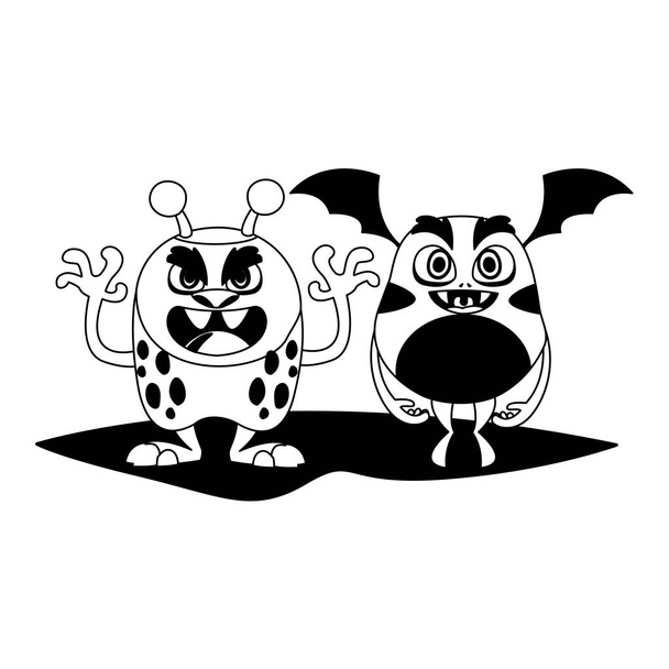 αστεία τέρατα ζευγάρι κόμικς χαρακτήρες μονόχρωμη - Διάνυσμα, εικόνα