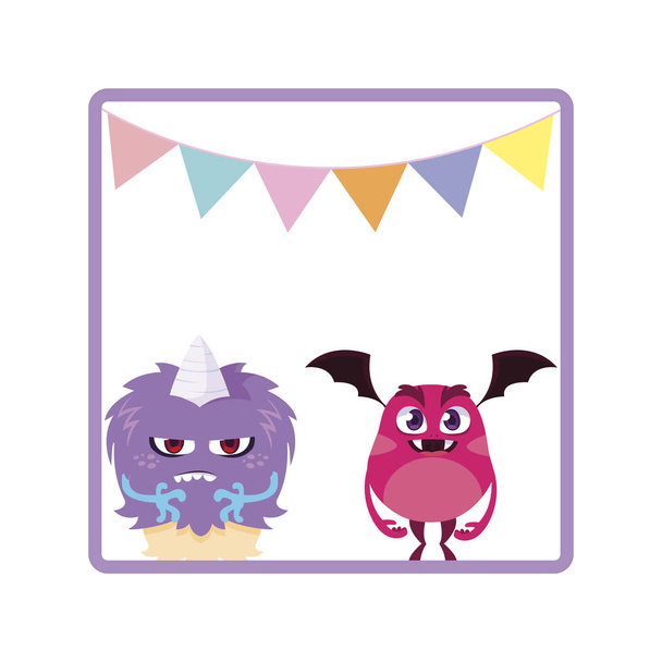 square frame with funny monsters and garlands hanging - Vector, Image