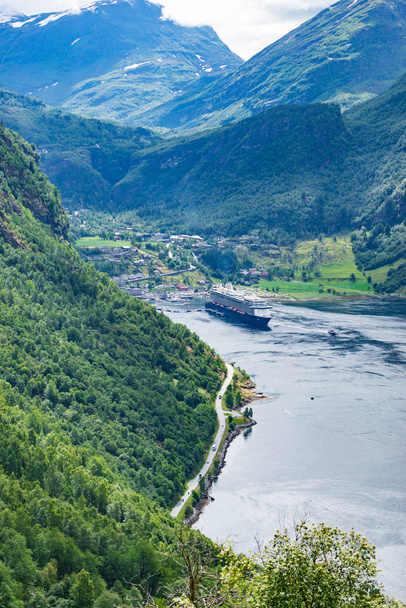 Fjord Geirangerfjord with ferry boat, Norway. - Φωτογραφία, εικόνα