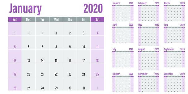 Kalendarz Planner 2020 szablon ilustracja wektor wszystkie 12 miesięcy tydzień zaczyna się w niedzielę i wskazać weekendy w sobotę i niedzielę - Wektor, obraz