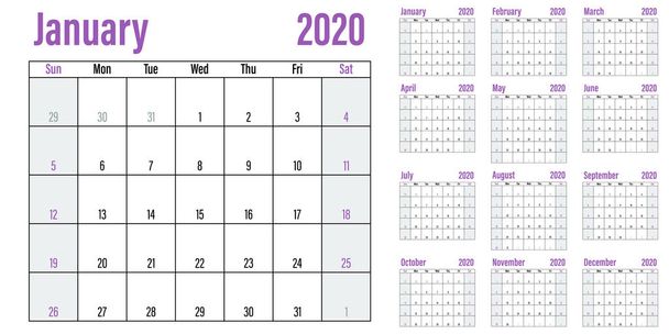 Планувальник календаря 2020 шаблон Векторні ілюстрації всі 12 місяців тижня починаються в неділю і вказують вихідні в суботу і неділю
 - Вектор, зображення