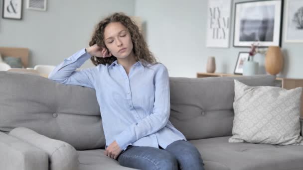 Tired Curly Hair Woman Sleeping while Sitting on Couch - Filmagem, Vídeo
