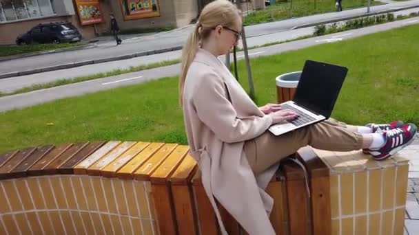 Fille attrayant occupé travaillant à l'ordinateur portable comme assis sur le banc dans le parc de la ville le matin d'été trépidant, tourné en plein air dans la zone urbaine
 - Séquence, vidéo