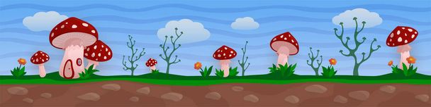 Paysage fantaisiste drôle avec village de champignons rouges
 - Vecteur, image