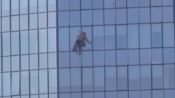 ορειβάτης πλένει τα παράθυρα σε ένα ουρανοξύστη - Πλάνα, βίντεο