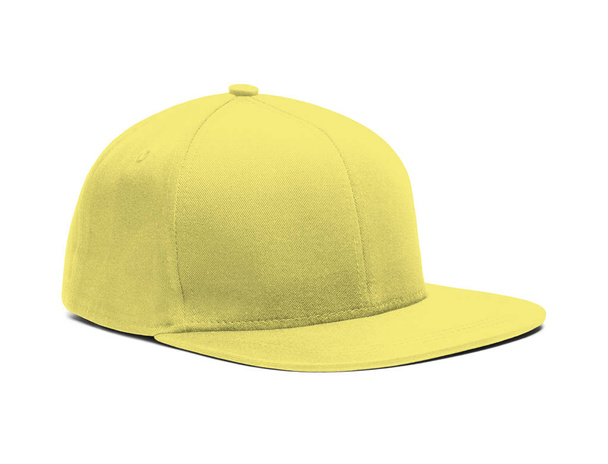 Een zeer dimensie zijaanzicht SnapBack Cap mock up in citroen Verbena kleur om u te helpen presenteren uw hoeden ontwerpen prachtig. Je bijna alles in deze moderne mockup aanpassen aan je GLB-ontwerp. - Foto, afbeelding