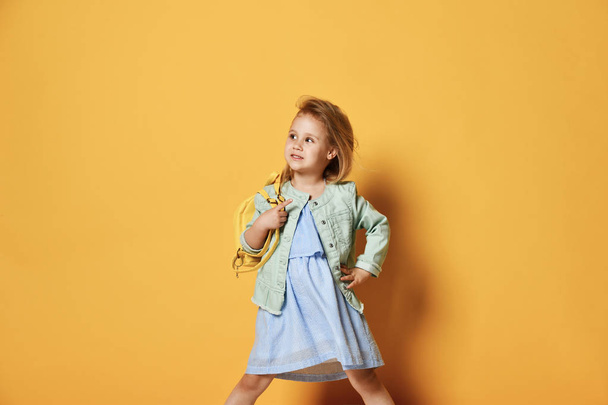 Full length portrait of a cute little child girl in a stylish dress and denim. - Foto, Bild