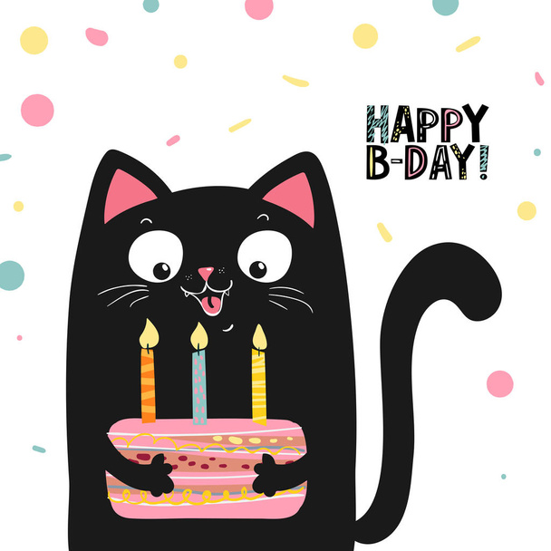 Gato preto feliz com bolo e lettering feliz aniversário, ilustração vetorial EPS 10
 - Vetor, Imagem
