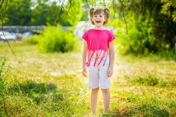 Schattig klein meisje lachen in een weide - gelukkig meisje - Foto, afbeelding